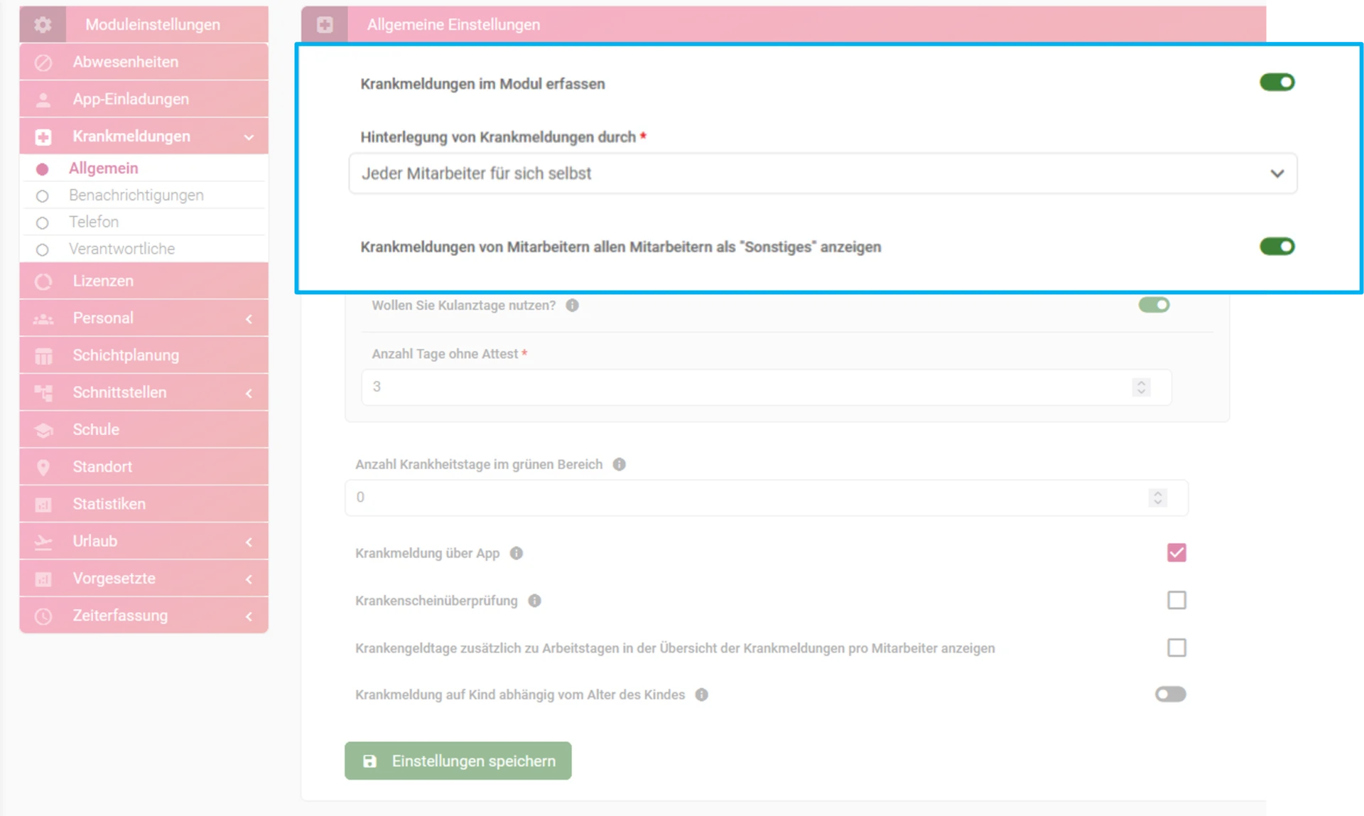 Zu sehen ist die geöffnete Modul-Einstellung zu den Krankmeldungen. Farblich hervorgehoben sind die Optionen „Krankmeldungen im Modul erfassen“, „Hinterlegung von Krankmeldungen durch“ und „Krankmeldungen von Mitarbeitern allen Mitarbeitern als Sonstiges anzeigen“.