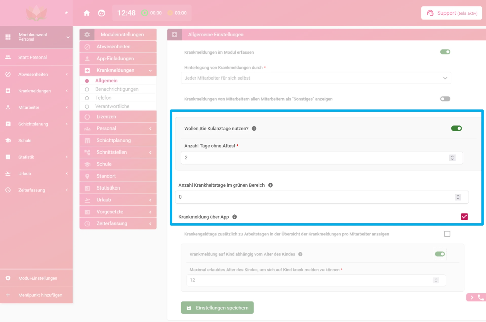 Zu sehen ist die geöffnete Modul-Einstellung für Krankmeldungen. Farblich hervorgehoben sind die Optionen Kulanztage, Anzahl der Krankheitstage im grünen Bereich und Krankmeldungen über die App.