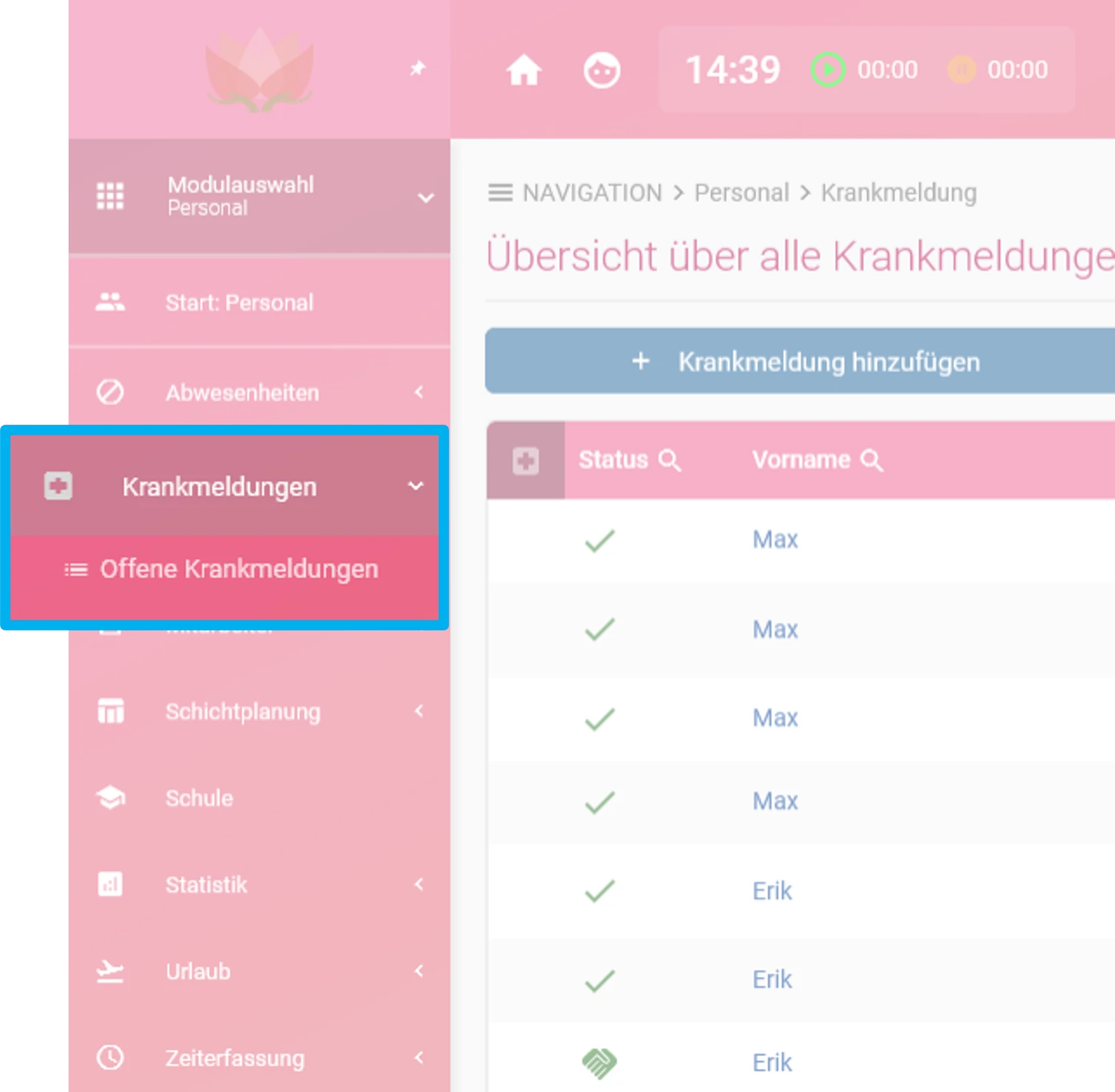 Zu sehen ist das geöffnete Menü. Farblich hervorgehoben sind Krankmeldungen und Offene Krankmeldungen.