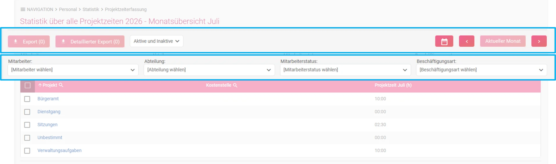 Zu sehen ist die Übersicht der Monate der Projektzeiten, hervorgehoben sind die Buttons „Export“ und „Detaillierter Export“, der Filter „Aktiv und Inaktive“, der Reiter „Aktueller Monat“ sowie die Filter „Mitarbeiter“, „Abteilung“, „Mitarbeiterstatus“ und „Beschäftigungsart“.
