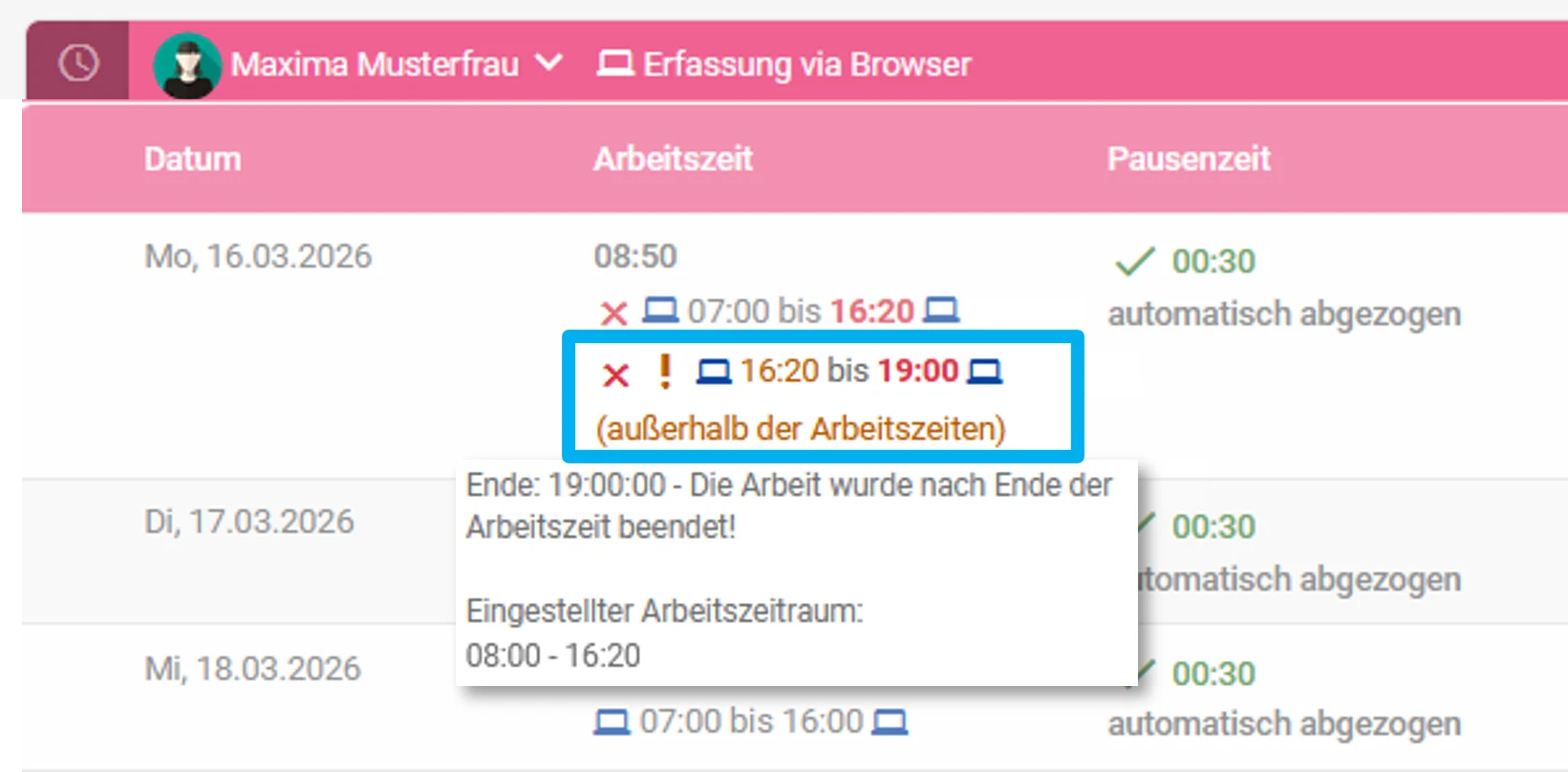 Zu sehen ist die Wochenauswertung von Maxima Musterfrau. Sie hat von 07:00 Uhr bis 19:00 Uhr gearbeitet. Da für sie ein Arbeitszeitraum bis 16:20 Uhr hinterlegt ist, wird die Zeit ab diesem Zeitpunkt orange markiert und mit dem Hinweis „außerhalb der Arbeitszeiten“ versehen. Zudem wird das Arbeitsende rot markiert.  Anhand der für den Tag angerechneten Stunden ist erkennbar, dass die Zeiten außerhalb des Arbeitszeitraums nicht mit in die Berechnung einfließen.