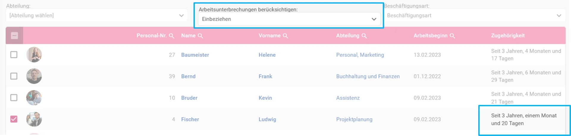 Zu sehen ist die Übersicht, der Filter „Einbeziehen“ ist aktiviert.