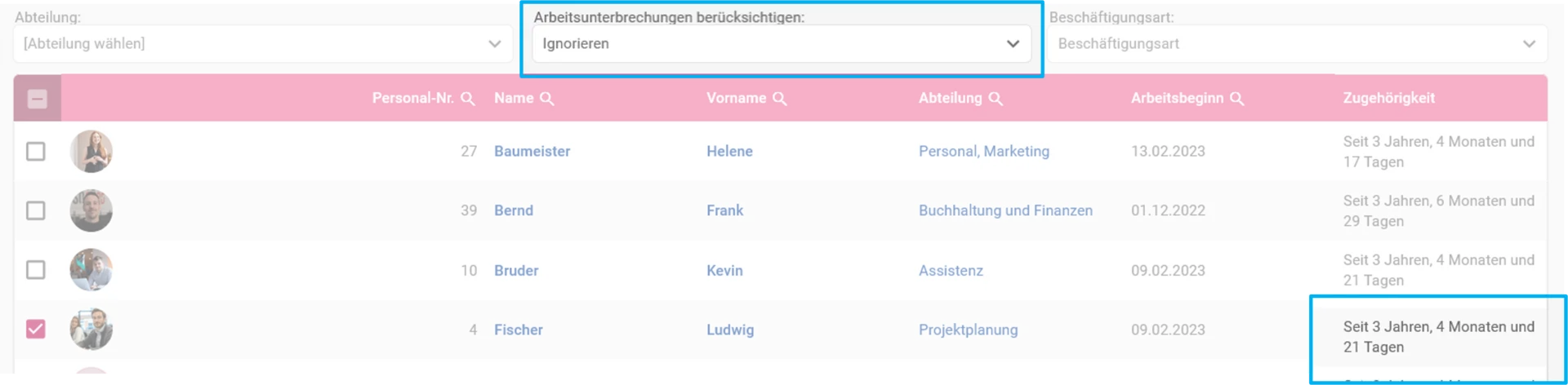Zu sehen ist die Übersicht, der Filter „Ignorieren“ ist aktiviert.