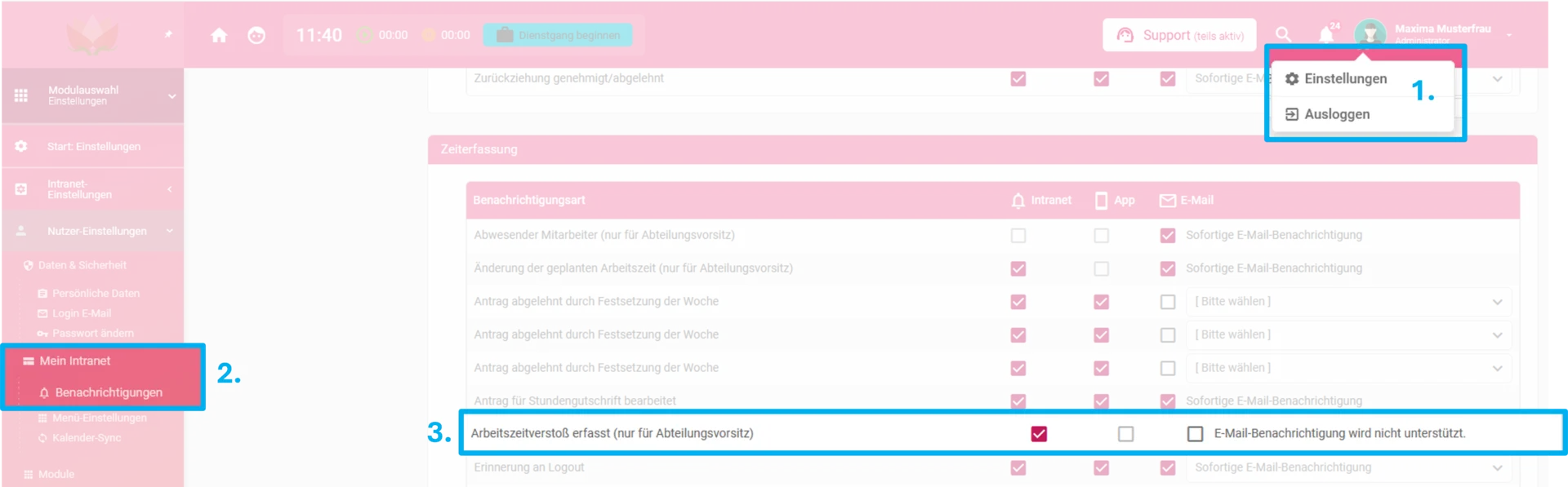 Zusehen sind die Nutzereinstellungen für Benachrichtigungen. Oben im Menü ist unter dem Profilbild der Punkt Einstellungen farblich hervorgehoben und mit 1 markiert. In der linken Modulauswahl ist Mein Intranet > Benachrichtigungen mit 2 hervorgehoben. Zusätzlich ist die Einstellung „Arbeitszeitverstoß erfasst (nur für Abteilungsvorstand)“ mit 3 markiert.
