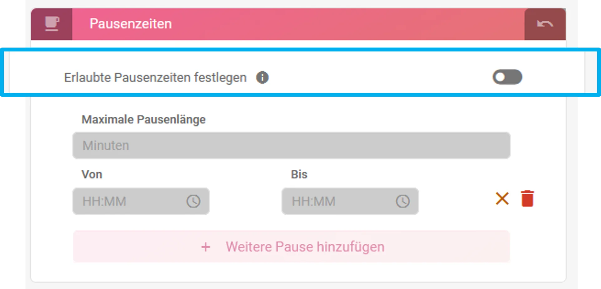 Zu sehen sind die deaktivierten Pauseneinstellungen. Farblich hervorgehoben ist der Schieberegler.