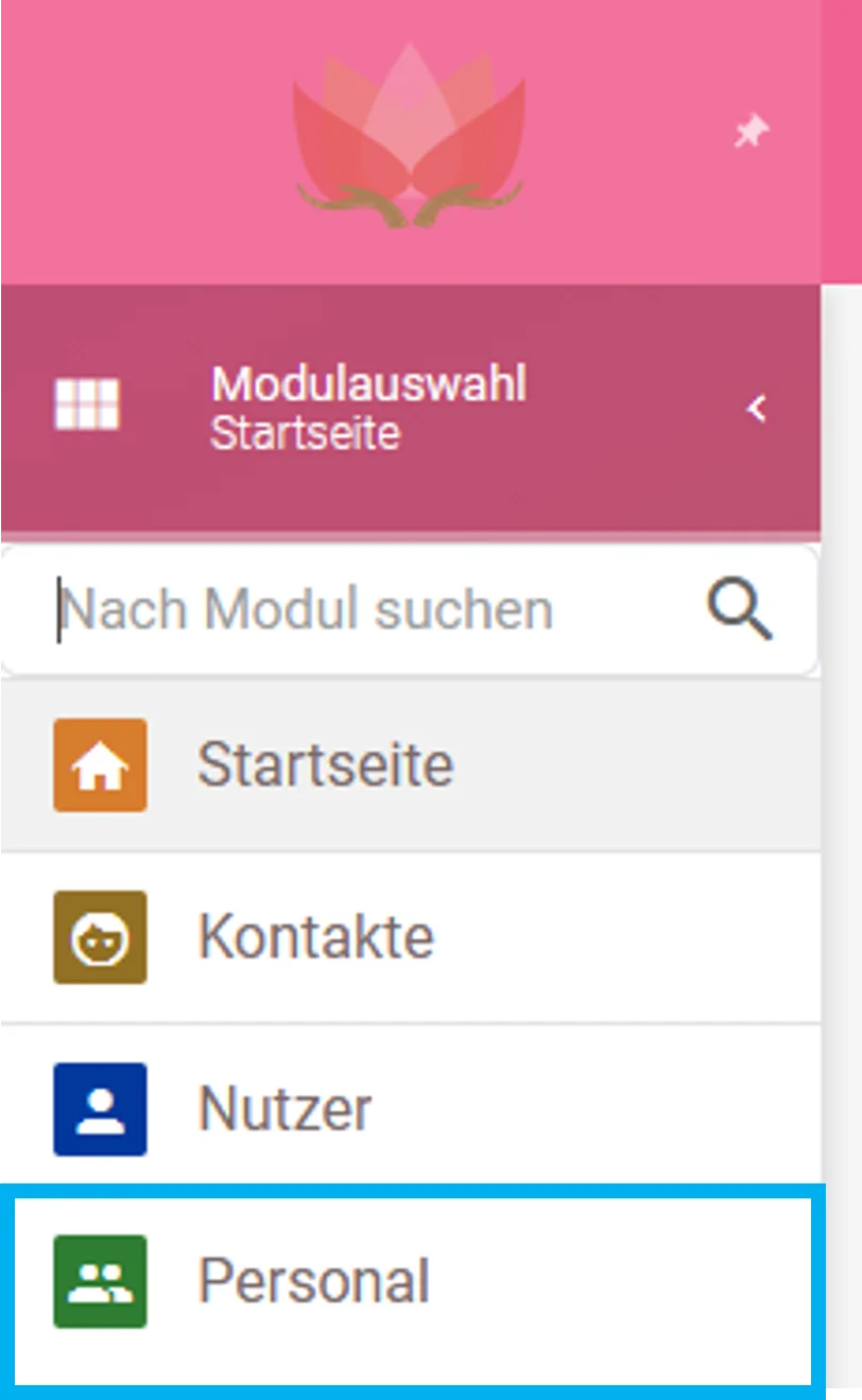 Zu sehen ist die Modulauswahl des Intranets, und farblich hervorgehoben ist das Modul Personal.