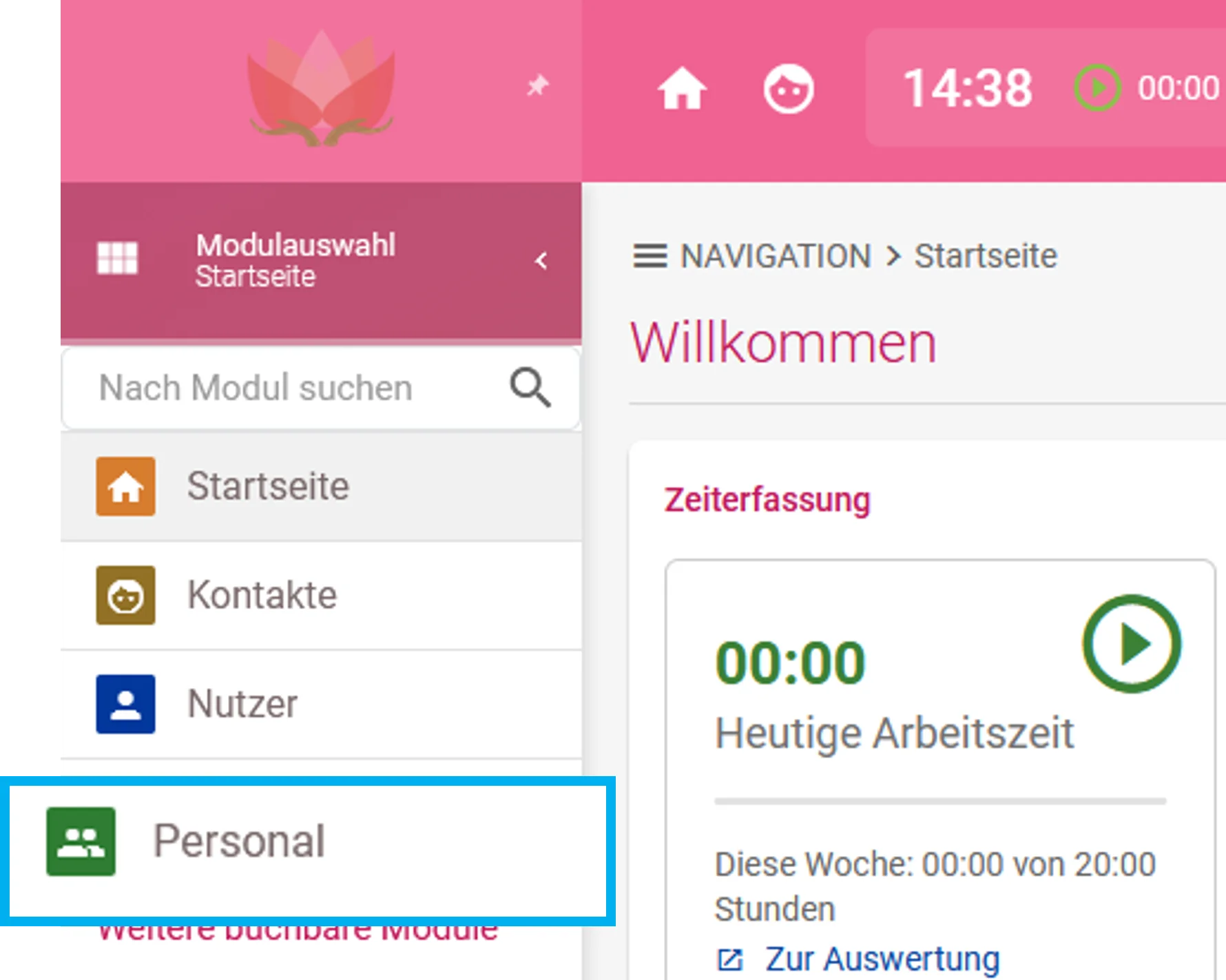 Zusehen ist die Modulauswahl, und farblich hervorgehoben ist der Menüpunkt „Personal“.