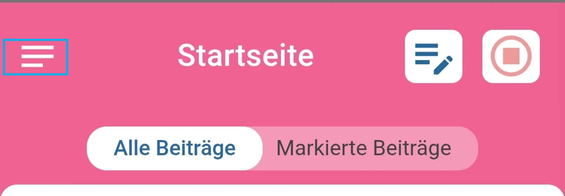 Zusehen ist die geöffnete Startseite der App, oben links ist das Menü farblich hervorgehoben.
