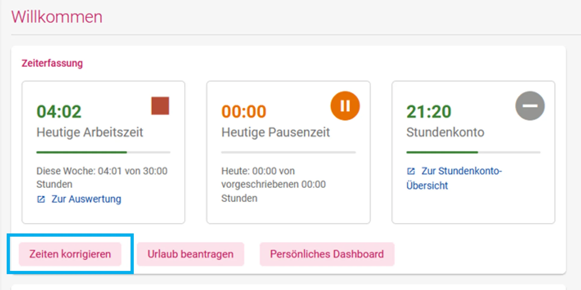 Auf der Startseite der Zeiterfassung werden drei Kacheln angezeigt: „Heutige Arbeitszeit“ mit dem Wert 4:02 Stunden, „Heutige Pausenzeit“ mit 00:00 Stunden und „Stundenkonto“ mit 21:20 Stunden. Darunter befinden sich drei Buttons. Der Button „Zeiten korrigieren“ ist farblich hervorgehoben. Rechts daneben befinden sich die Buttons „Urlaub beantragen“ und „Persönliches Dashboard".