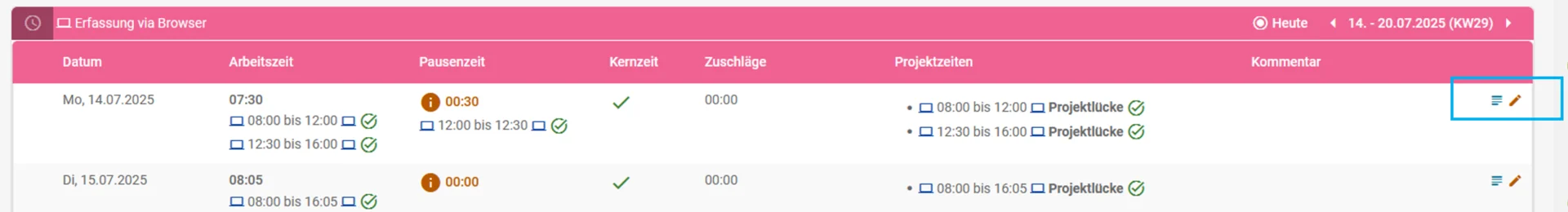 In der geöffneten Ansicht der Wochenauswertung werden die Tage Montag, 14.07.2025, und Dienstag, 15.07.2025, angezeigt. In der Zeile des 14.07. befindet sich ganz rechts außen ein farblich hervorgehobenes Stiftsymbol, das zur Bearbeitung des Tages dient.