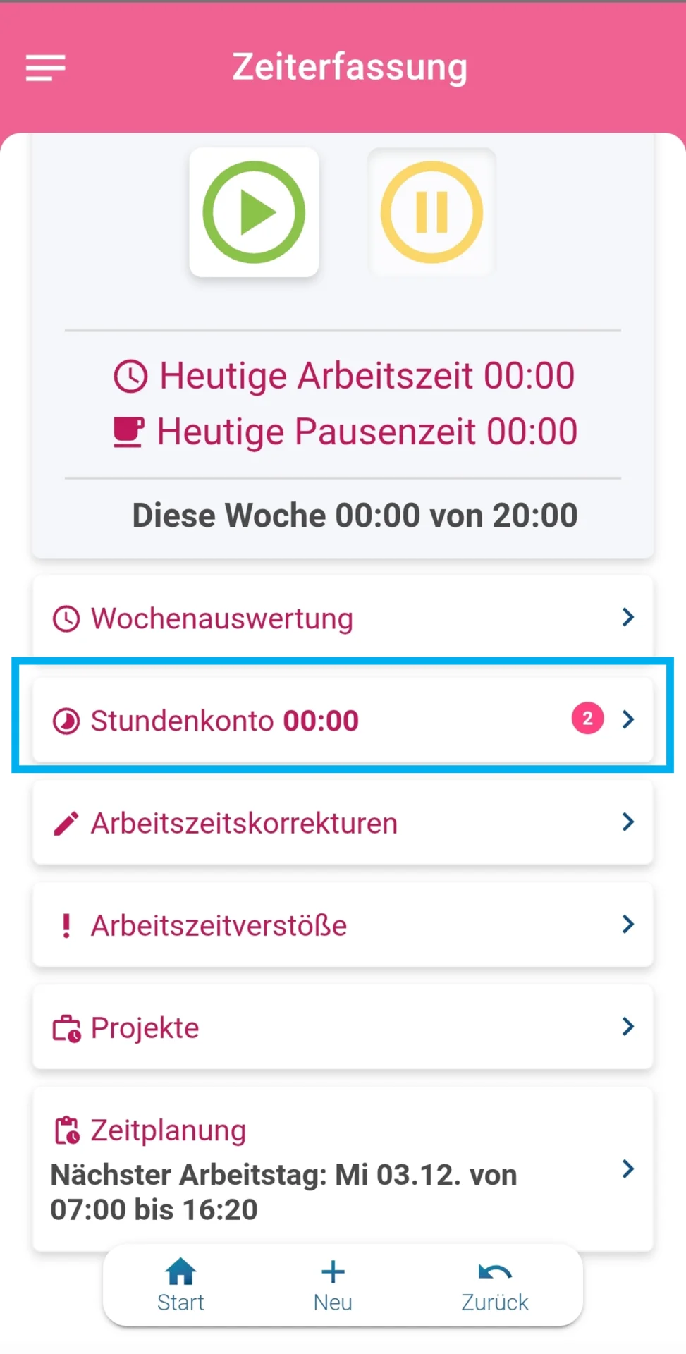 Zusehen ist das Zeiterfassungs-Dashboard, und farblich hervorgehoben ist die Schaltfläche „Stundenkonto“.