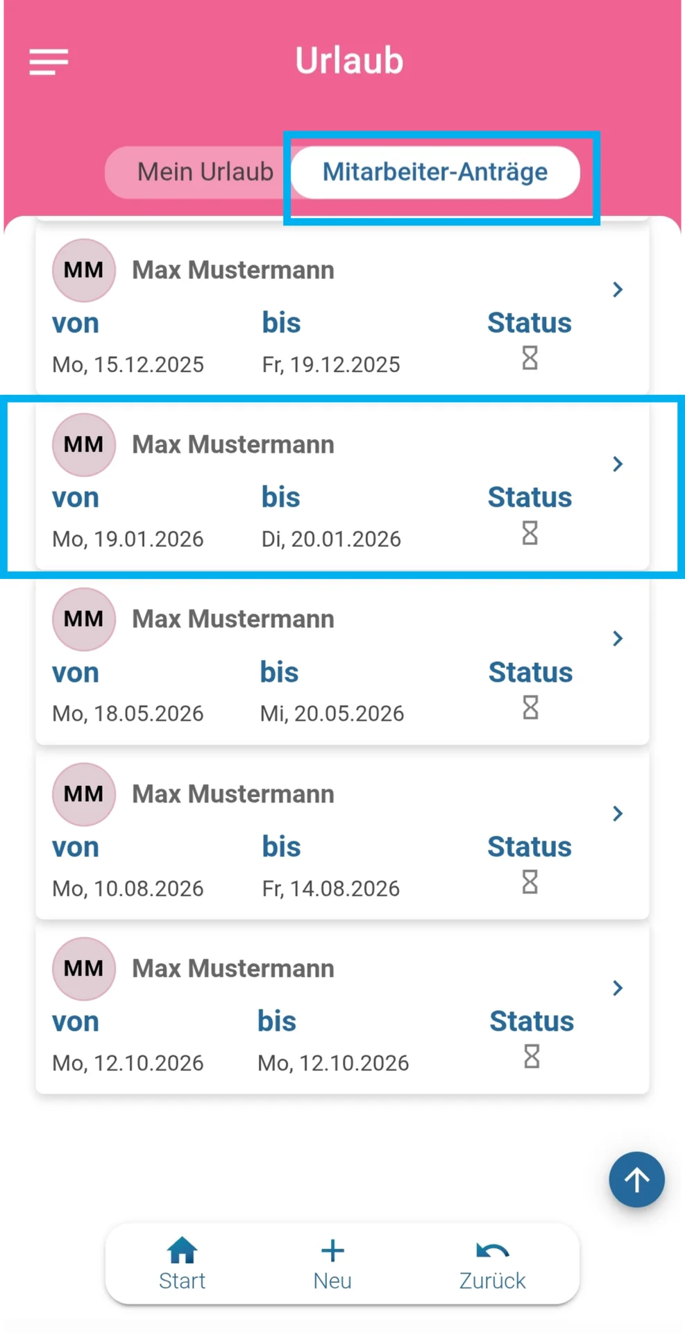 Zu sehen ist die geöffnete Übersicht der offenen Urlaubsanträge.
