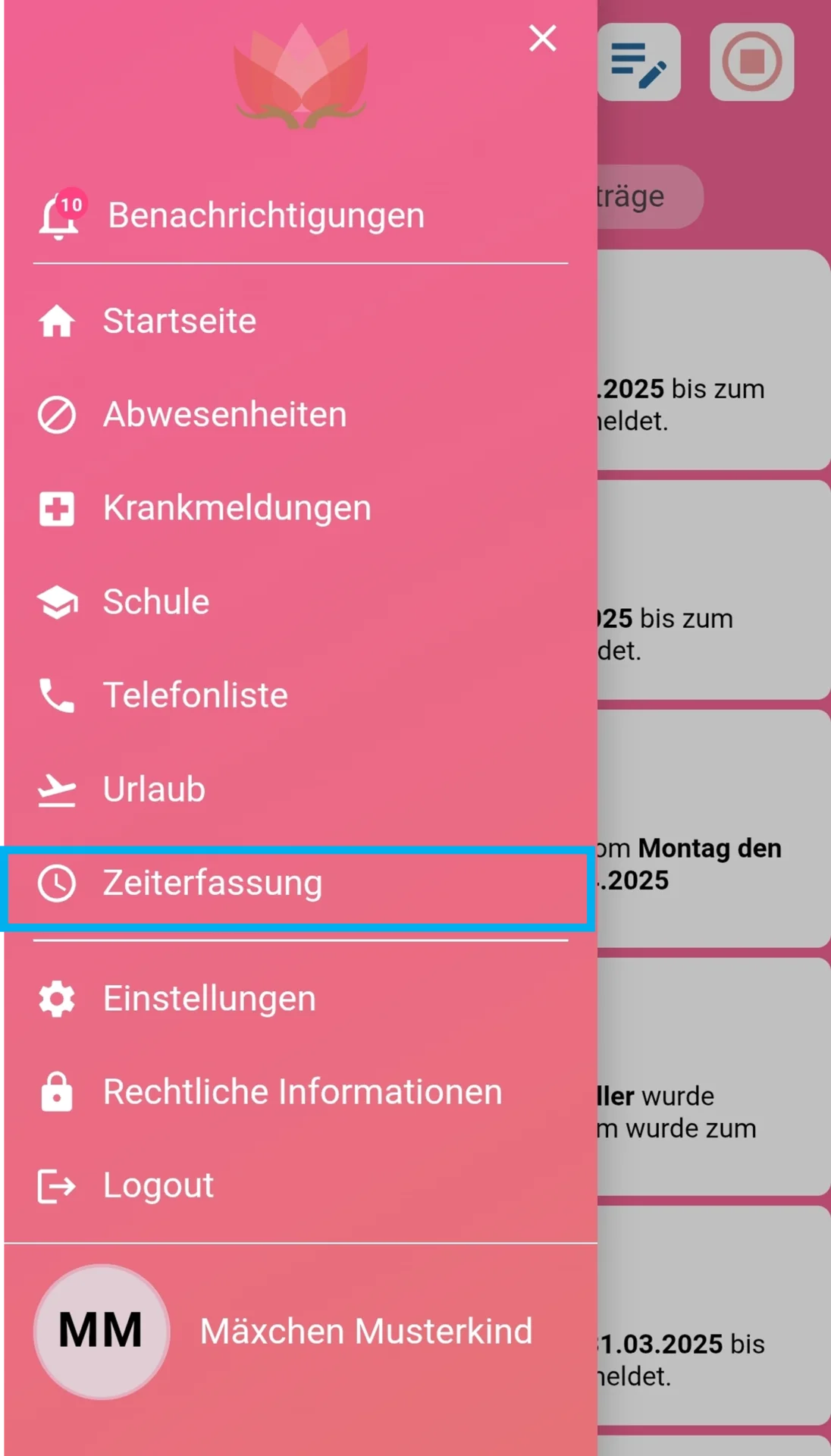 Zusehen ist das geöffnete Menü, der Menüpunkt ‚Zeiterfassung‘ ist farblich hervorgehoben.