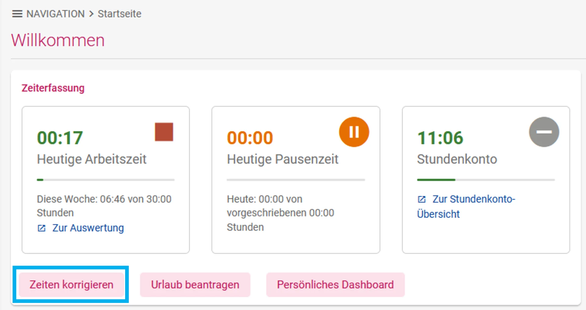 Zusehen ist die Startseite im Browser mit hervorgehobenem Button ‚Zeiten korrigieren‘ unterhalb der Kacheln zur Arbeitszeit.