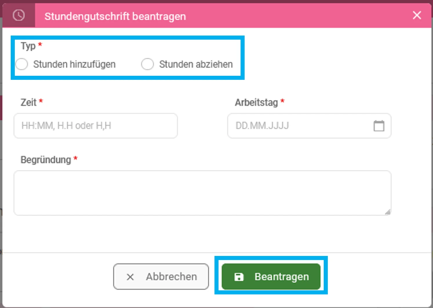 Zusehen ist die Maske zum Erstellen einer Stundengutschrift, und farblich hervorgehoben ist das Feld „Typ“ mit den Optionen „Stunden hinzufügen“ und „Stunden abziehen“.
