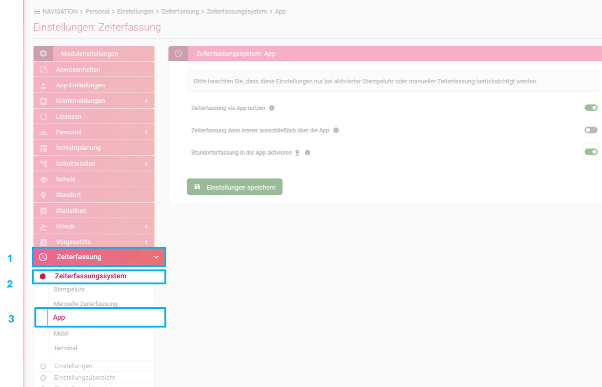 Zu sehen sind die Modul-Einstellungen, farblich hervorgehoben sind „Zeiterfassung“, „Zeiterfassungssystem“ und „App“.