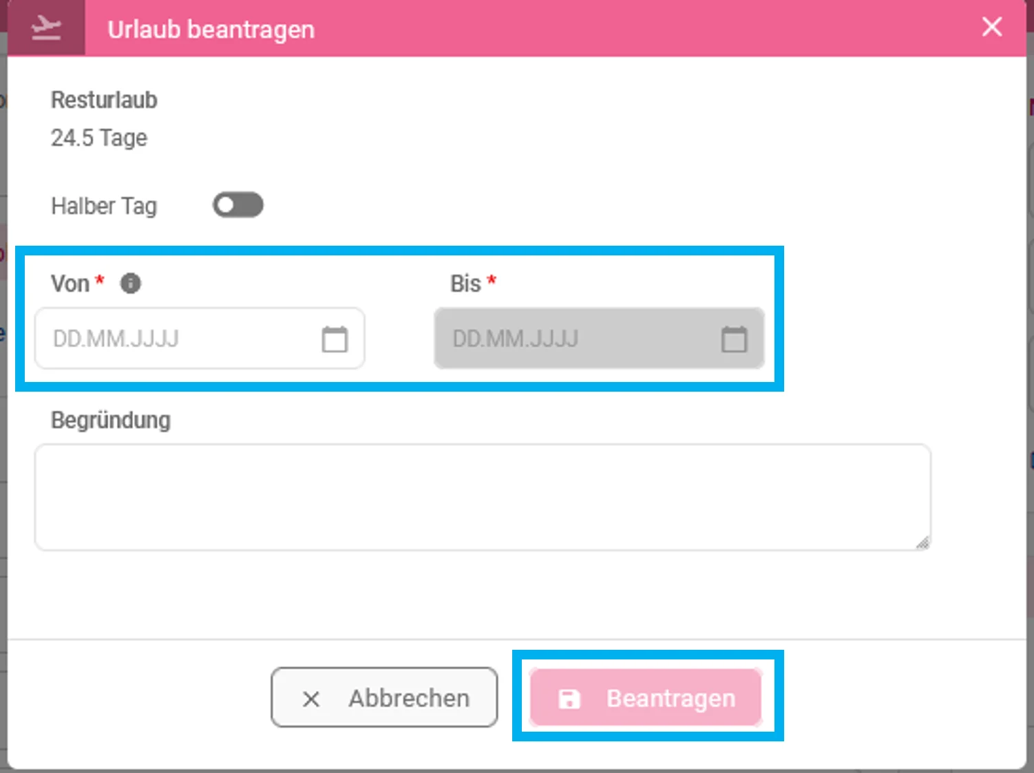 Zu sehen ist die Erstellmaske für den Urlaubsantrag; der Zeitraum sowie die Schaltfläche „Beantragen“ sind farblich hervorgehoben.