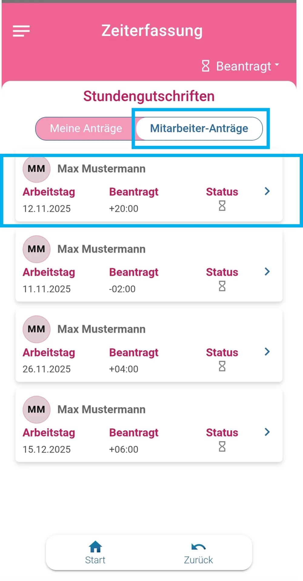 Zusehen ist die Übersicht der offenen Anträge, und farblich hervorgehoben sind der Filter „Mitarbeiter-Anträge“ sowie ein ausgewählter Antrag.