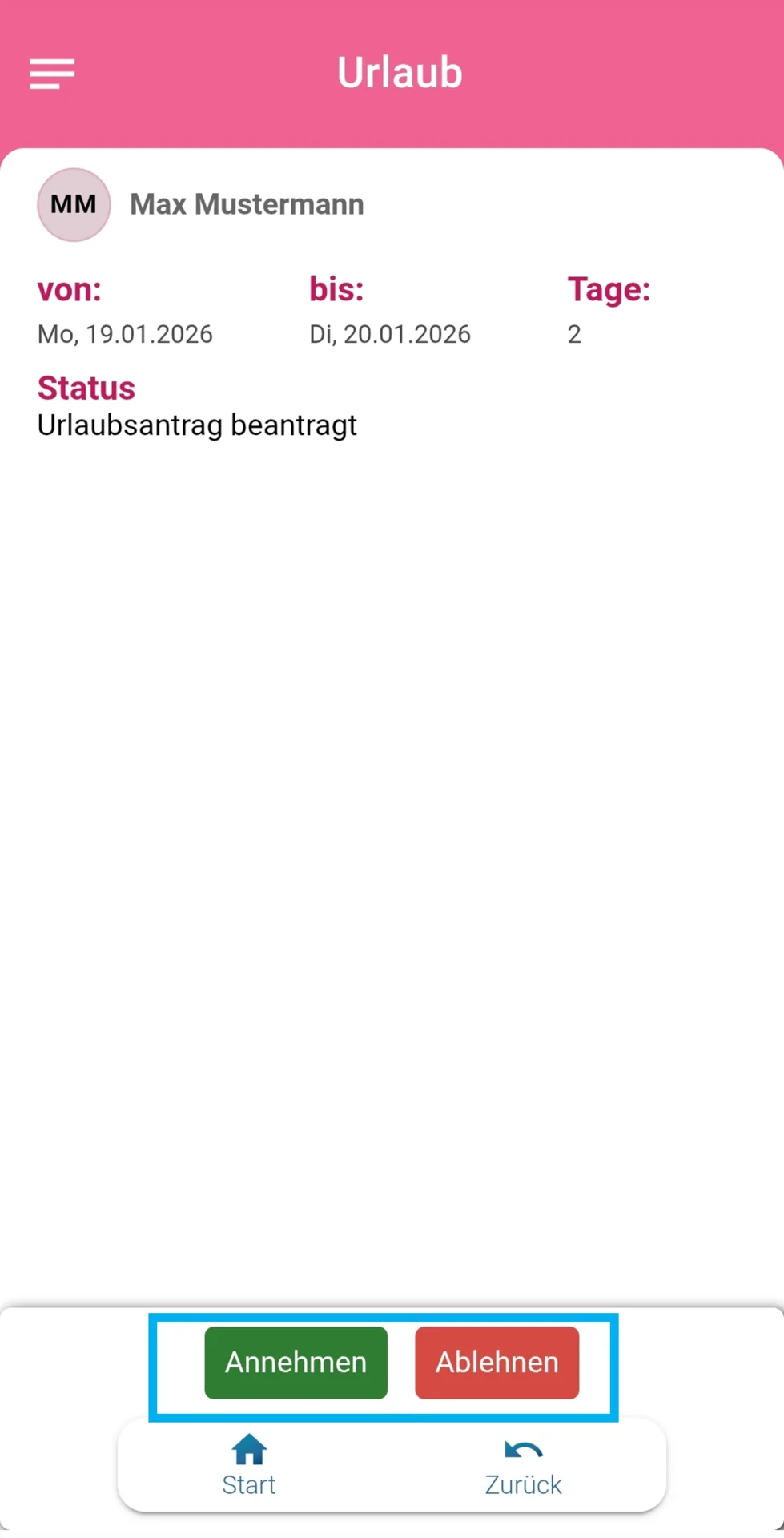 Der Urlaubsantrag ist sichtbar, die Schaltflächen „Annehmen“ und „Ablehnen“ sind farblich hervorgehoben.