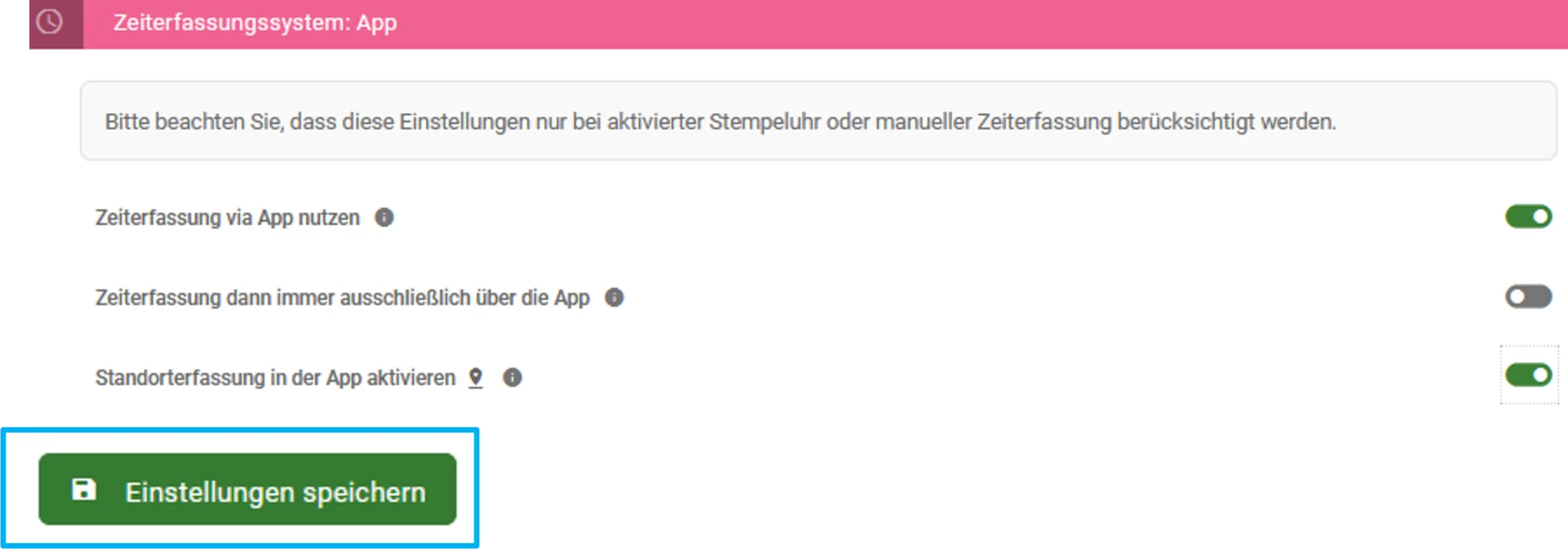Zu sehen ist die Einstellung „App“, hervorgehoben ist der Button „Einstellungen speichern“.