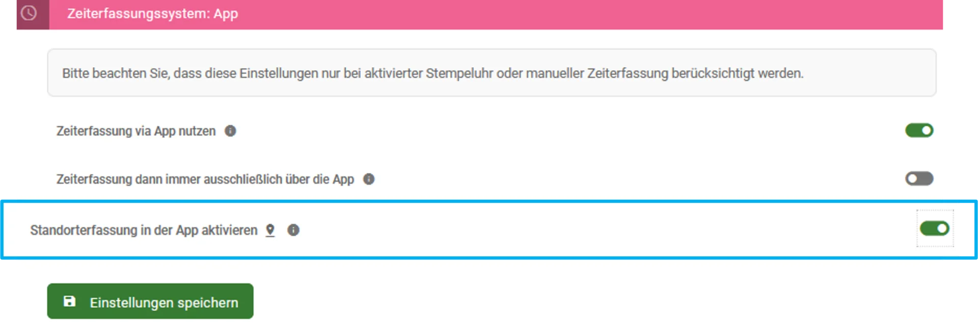 Zu sehen ist die Einstellung „App“, hervorgehoben ist die Option „Standorterfassung in der App aktiviert“.