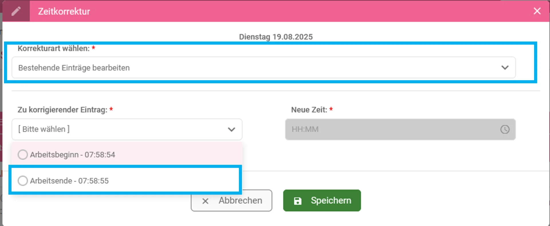 Zusehen ist die geöffnete Maske ‚Zeitkorrektur‘ mit ausgewähltem Dienstag, 19.08; die Felder ‚Korrekturart wählen‘ und ‚Arbeitsende‘ sind farblich hervorgehoben.