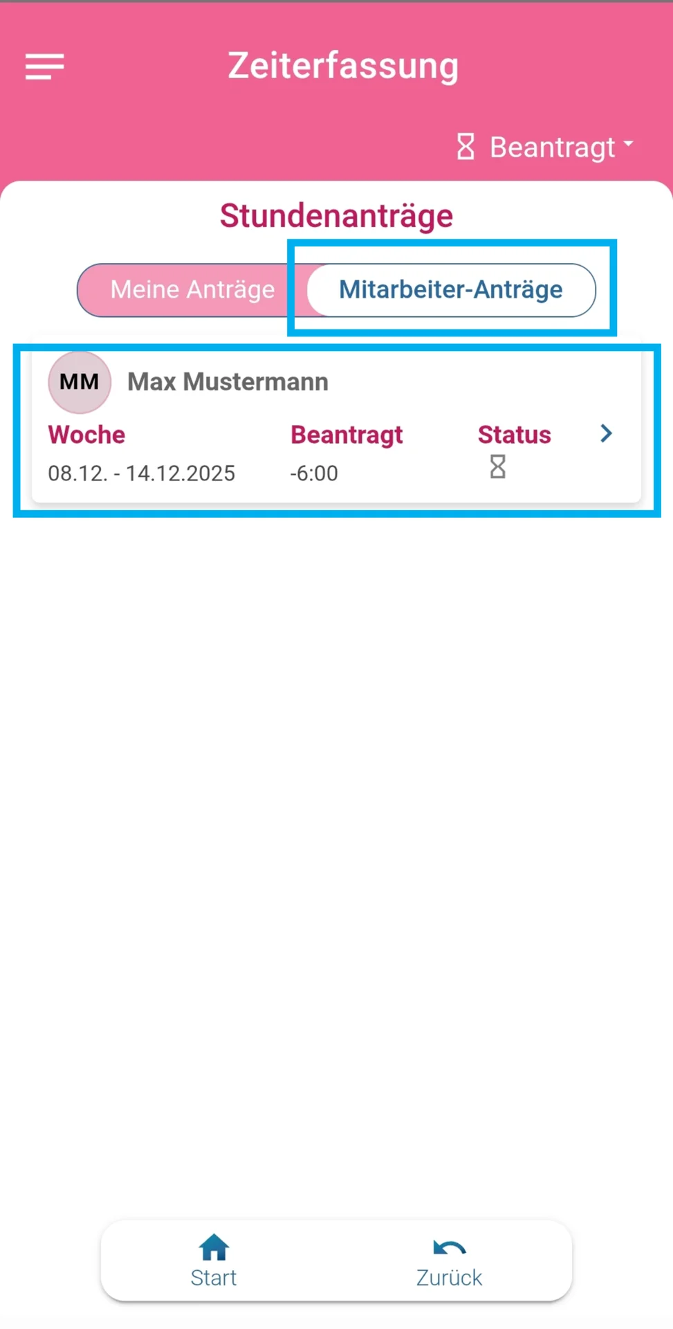 Zu sehen ist die geöffnete Liste der Stundenanträge, und farblich hervorgehoben ist der Filter Mitarbeiter Anträge.