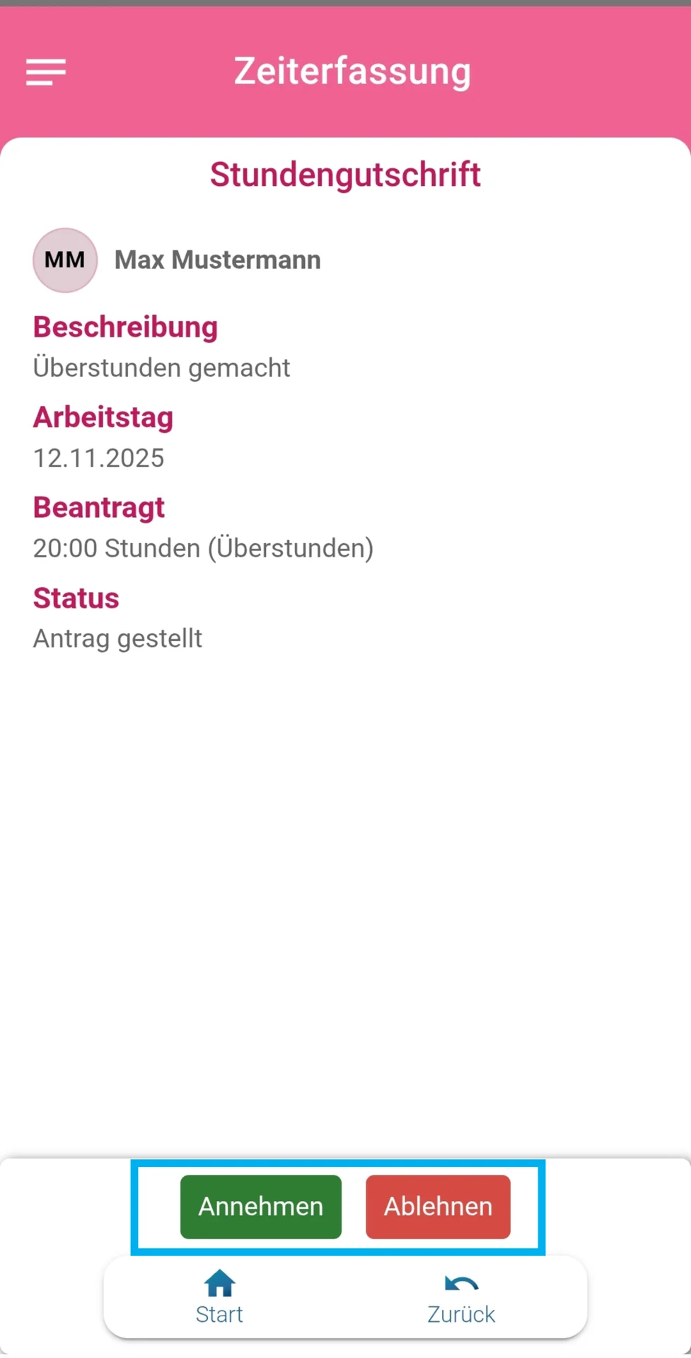 Zusehen ist der Antrag auf Stundengutschrift, und farblich hervorgehoben sind die Buttons „Annehmen“ und „Ablehnen“.