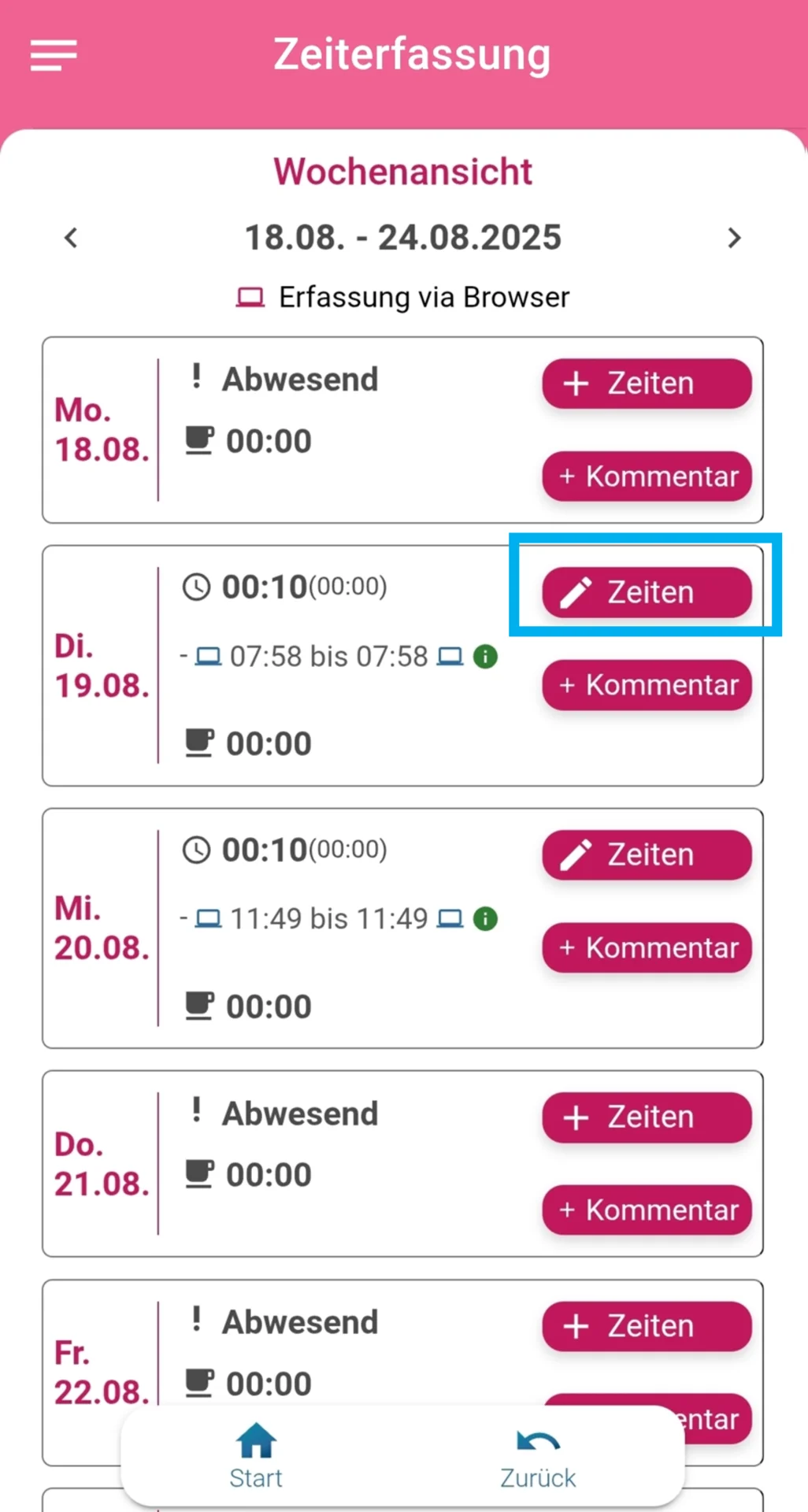 Zusehen ist die geöffnete Ansicht der Wochenauswertung, farblich hervorgehoben ist der Button ‚Zeiten‘ am Dienstag.