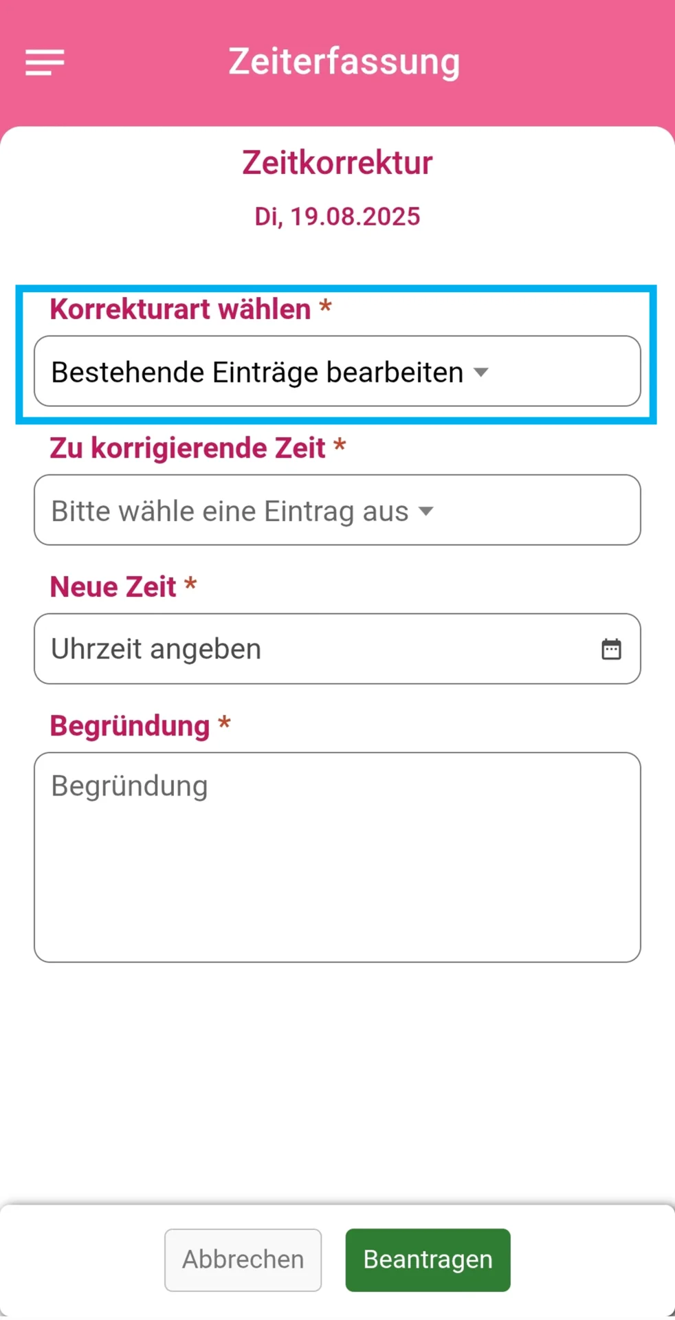 Zusehen ist die geöffnete Maske ‚Zeitkorrektur‘, farblich hervorgehoben ist der Bereich ‚Korrekturart wählen‘.