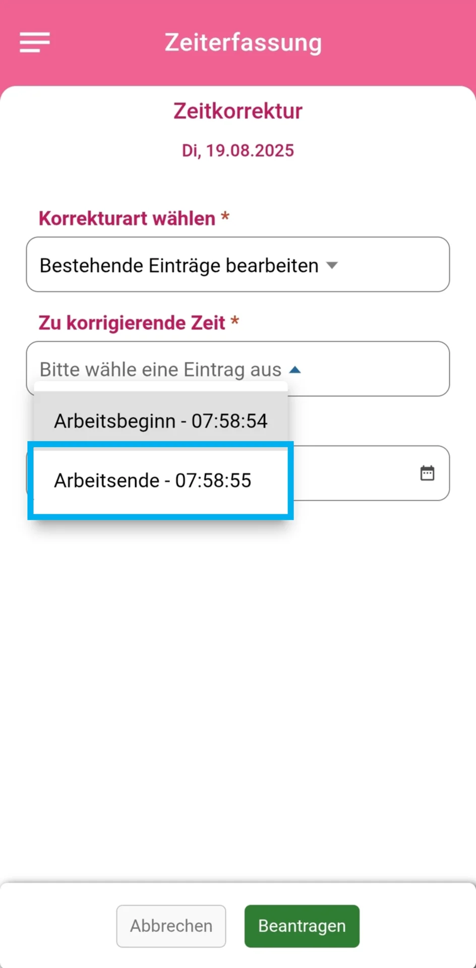 Zusehen ist die geöffnete Maske ‚Zeitkorrektur‘, farblich hervorgehoben ist die Auswahl ‚Arbeitsende‘.