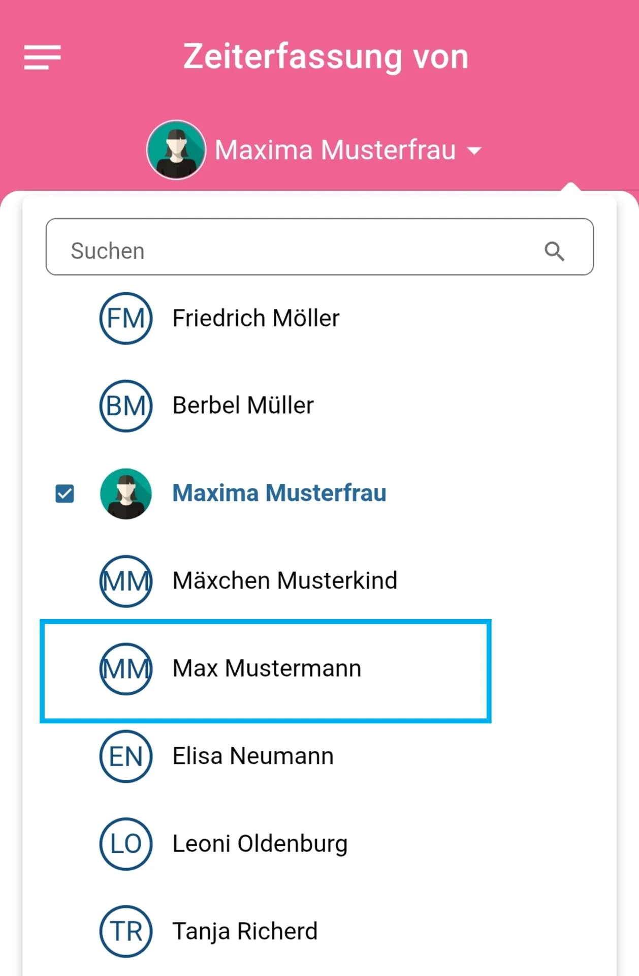 Geöffnete Mitarbeiterauswahl mit farblich hervorgehobenem Mitarbeiter Max Mustermann.