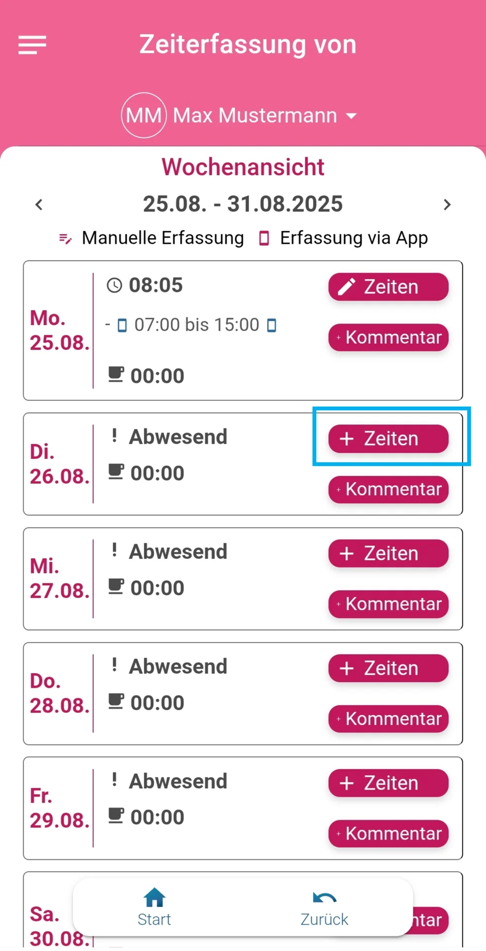 Geöffnete Wochenauswertung von Max Mustermann mit farblich hervorgehobenem Button Zeiten am Dienstag.