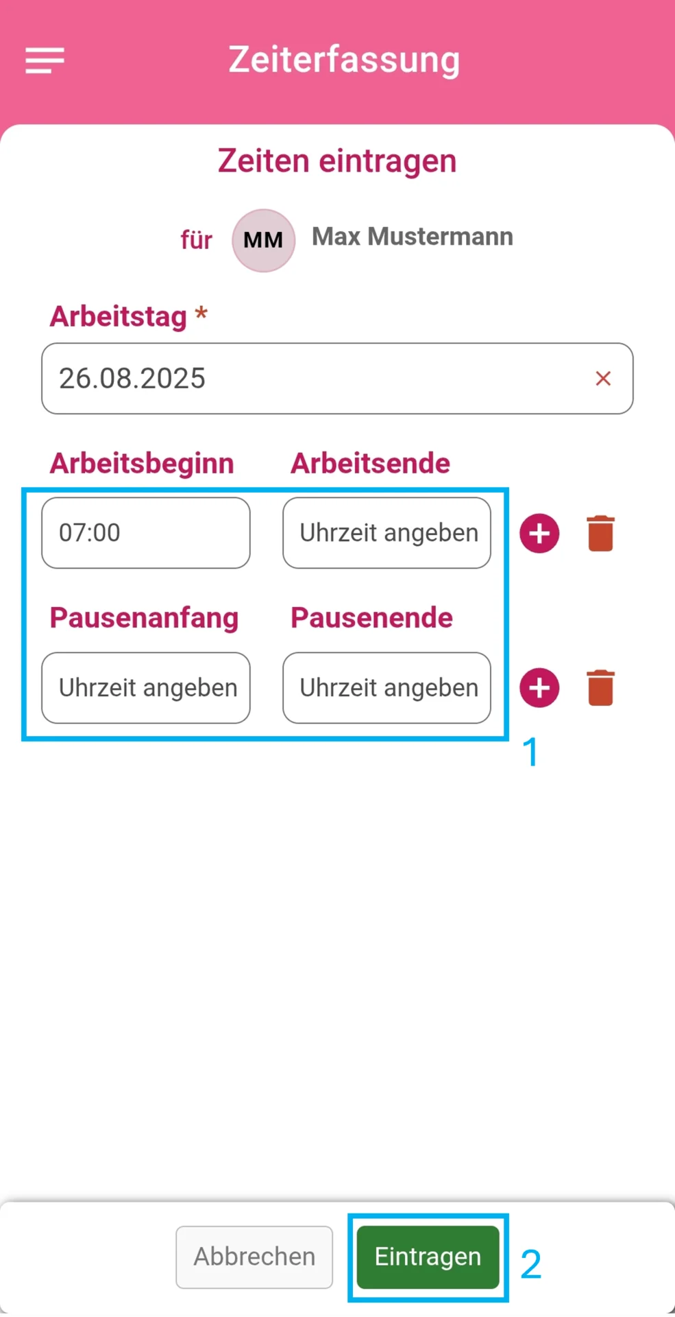 Geöffnete Bearbeitungsmaske vom Dienstag mit farblich markierten Feldern Arbeitsbeginn, Arbeitsende, Pausenzeit und Pausenende, hervorgehoben mit 1.