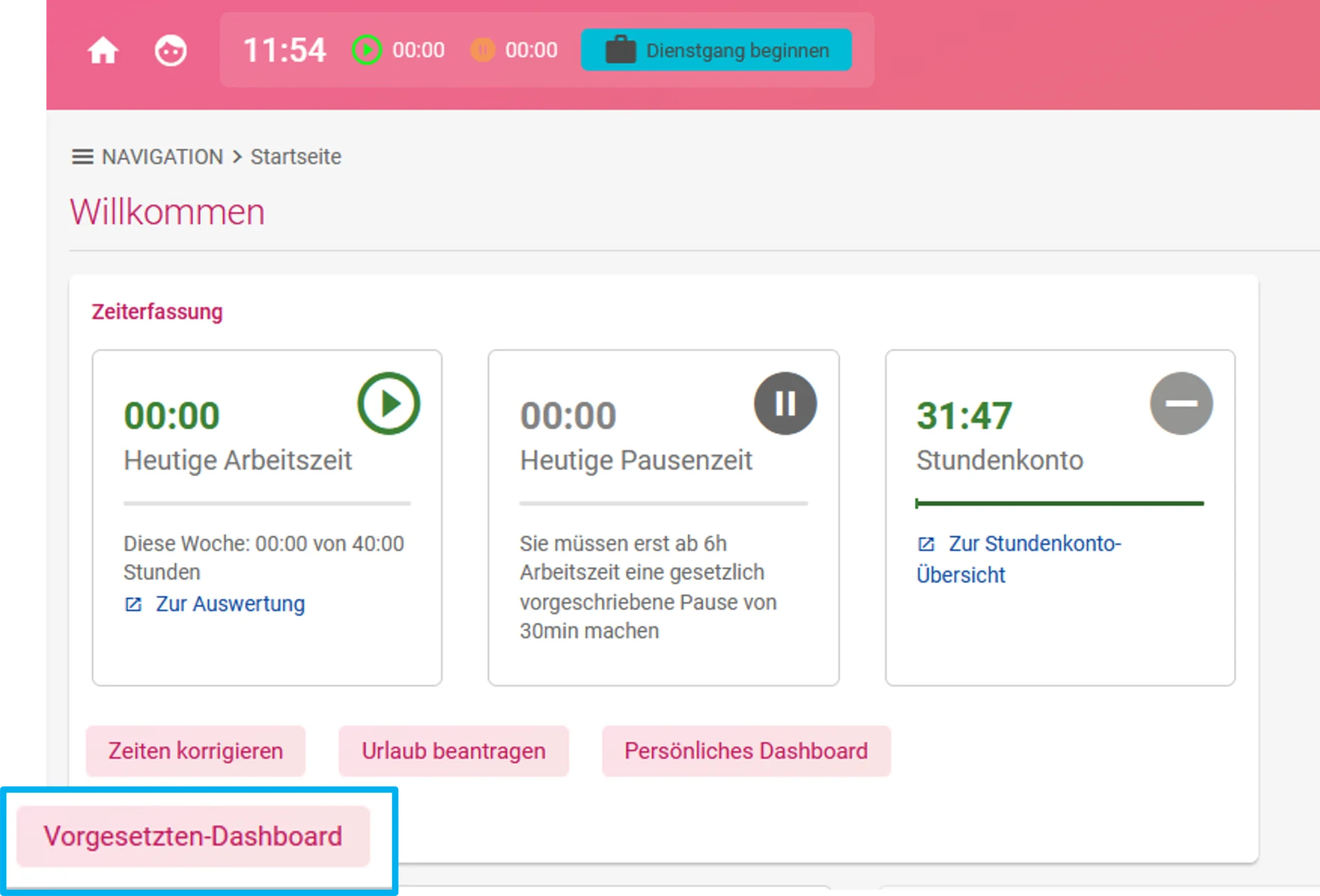 Zu sehen ist die Startseite, farblich hervorgehoben ist der Button „Vorgesetzten-Dashboard“.