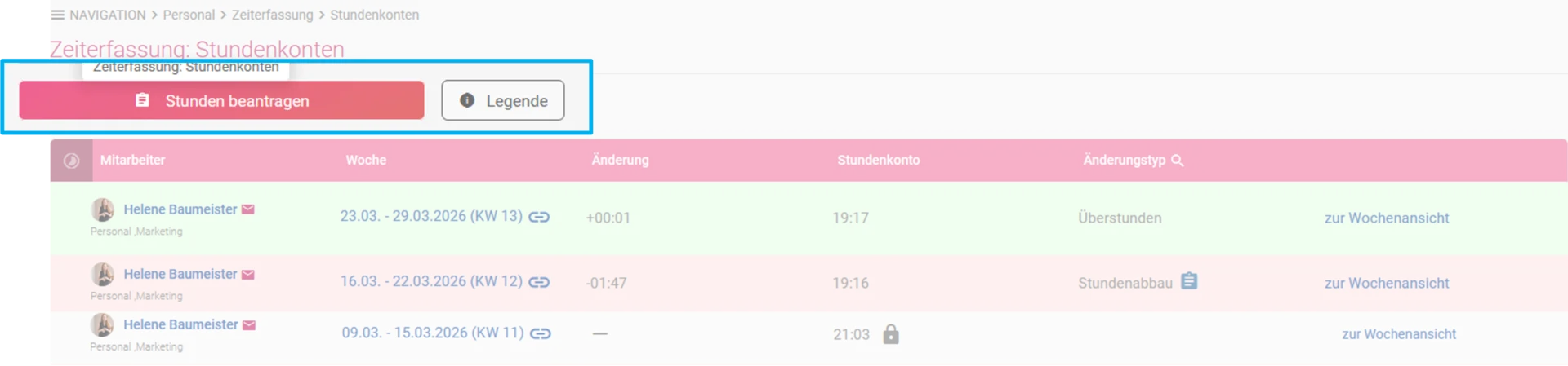 Zusehen ist die Stundenkontoübersicht und farblich hervorgehoben ist der Button Stunden beantragen und Legende.