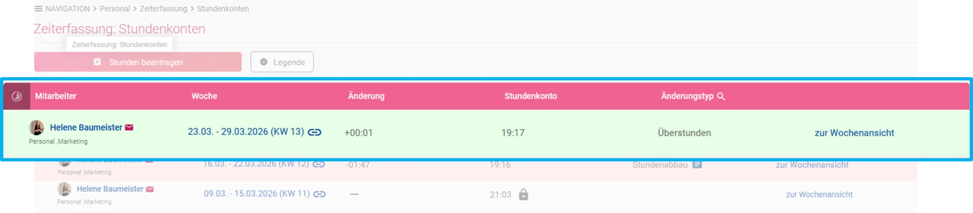 Zusehen ist die Stundenkontoübersicht und farblich Hervorgehoben ist der Filter.