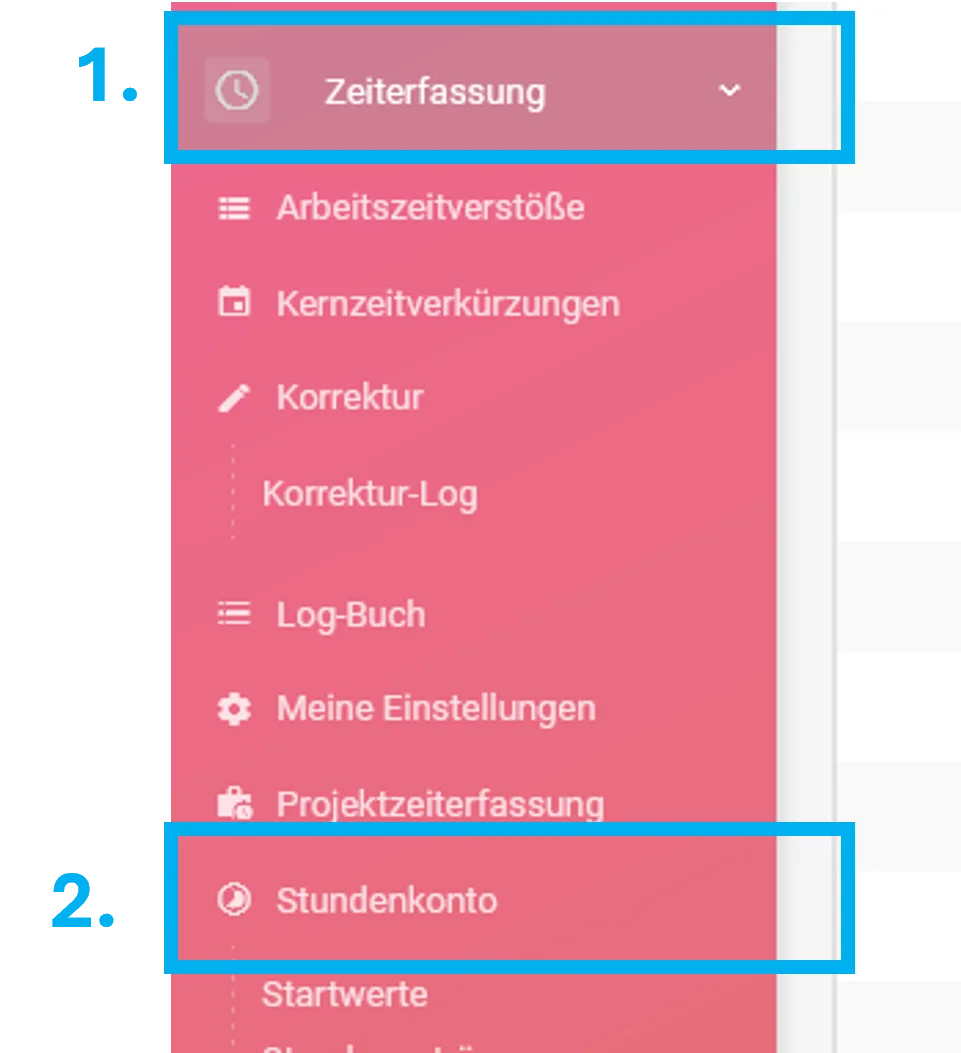 Geöffnete Modulauswahl Personal mit farblich hervorgehobenem Menüpunkt Zeiterfassung (markiert mit 1) und hervorgehobenem Menüpunkt Stundenkonto (markiert mit 2).