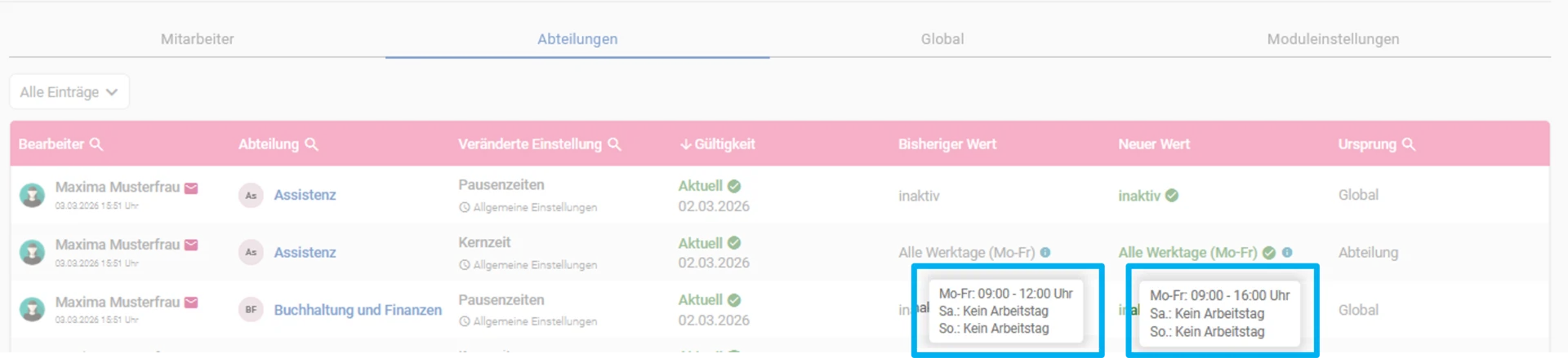 Zu sehen ist die Einstellungshistorie für Abteilungen. Hervorgehoben sind die Tooltips der Spalten „Bisheriger Wert“ und „Neuer Wert“.
