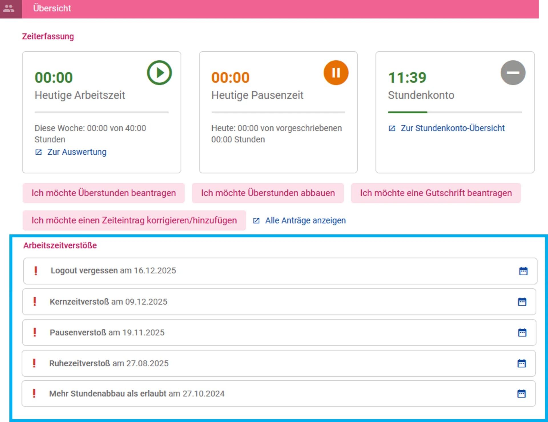 Zu sehen ist das Persönliche Dashboard. Farblich hervorgehoben ist der Bereich „Arbeitszeitverstöße“.