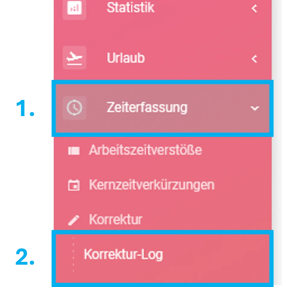 Zu sehen ist das Untermenü des Personal-Moduls. Farblich hervorgehoben sind die Punkte Zeiterfassung und Korrektur-Log.