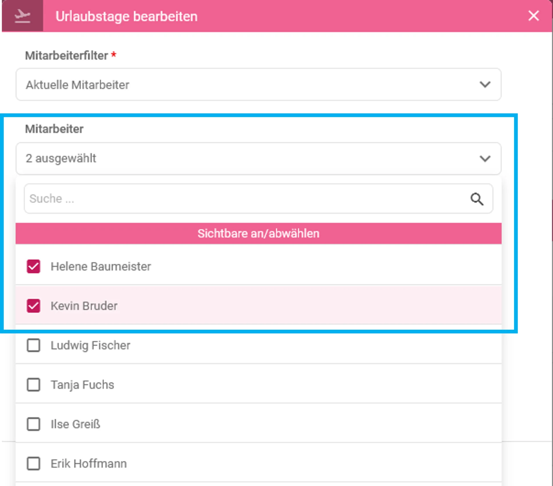 Zusehen ist ein Ausschnitt der Bearbeitungsmaske Urlaubstage bearbeiten. Oben befindet sich der Mitarbeiterfilter, darunter der Bereich Mitarbeiter, der farblich hervorgehoben ist. Es ist eine Auswahl an Mitarbeitern zu sehen.