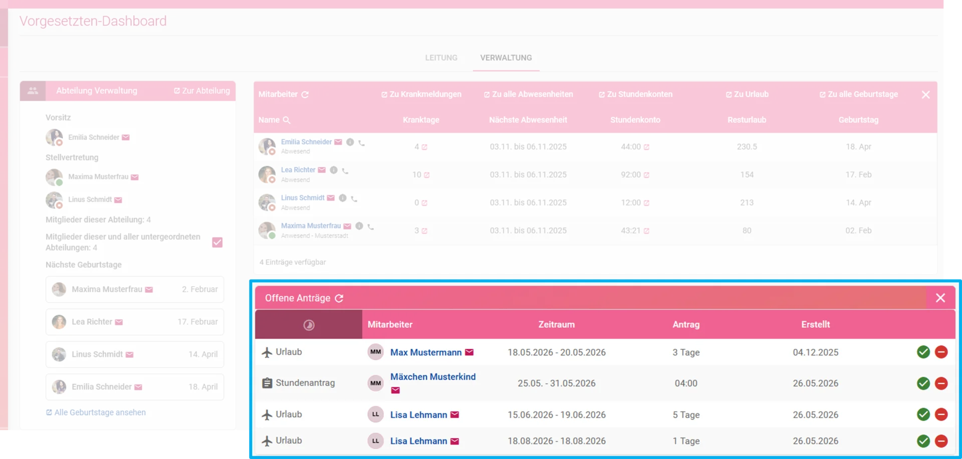 Zu sehen ist das Vorgesetzten-Dashboard, farblich hervorgehoben ist das Widget „offene Anträge“.