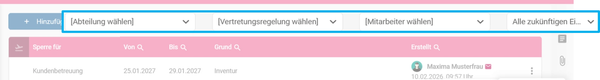 Zu sehen ist die Übersicht der Urlaubssperren. Farblich hervorgehoben sind die verfügbaren Filter.