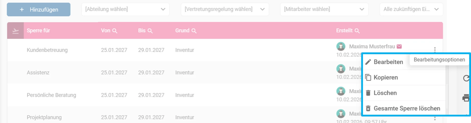 Zu sehen ist die Übersicht der Urlaubssperren. Farblich hervorgehoben ist das geöffnete 3-Punkte-Menü mit den verfügbaren Aktionen.