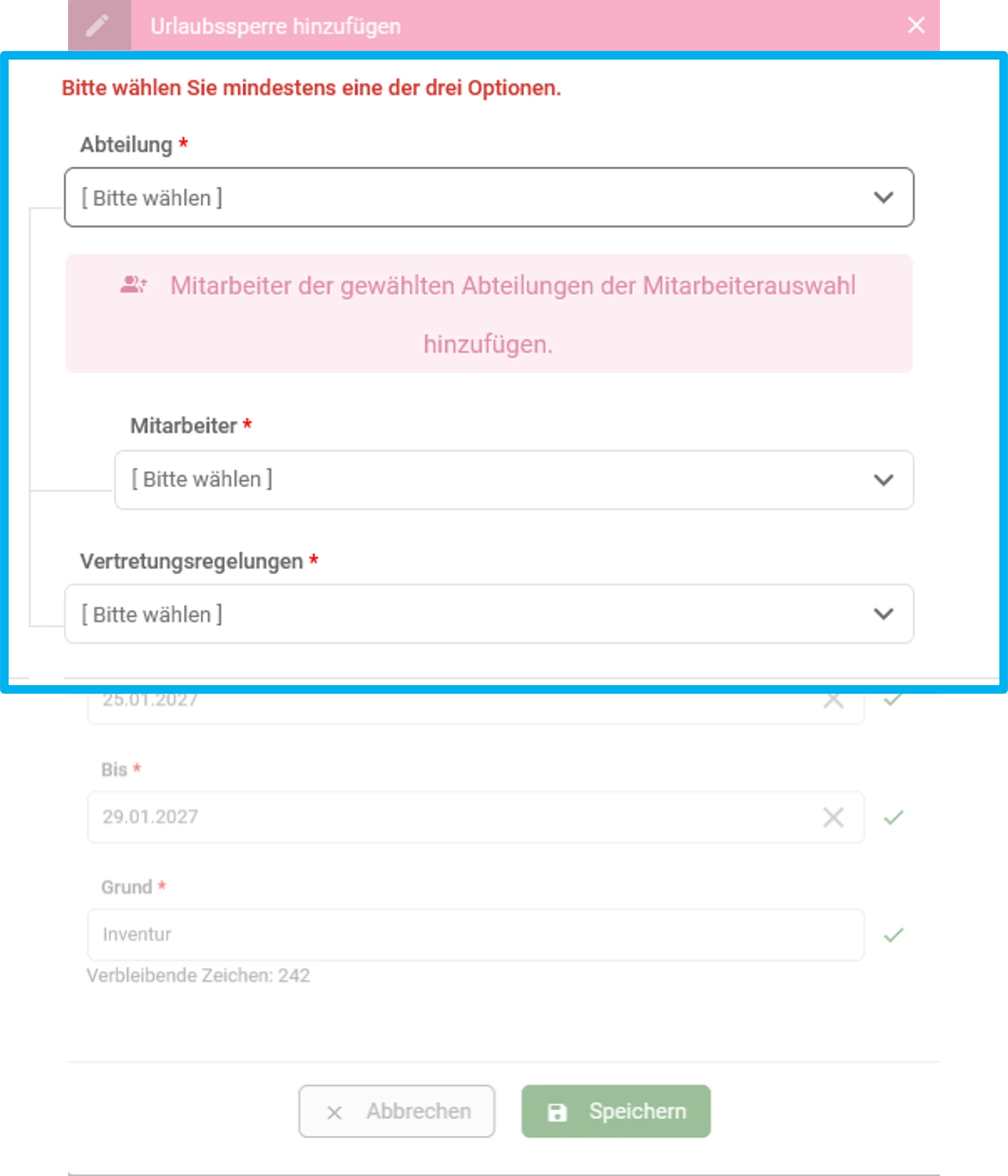 Zu sehen ist die Erstellmaske. Farblich hervorgehoben sind die Felder „Abteilung“, „Mitarbeiter“ und „Vertretungsregelungen“.