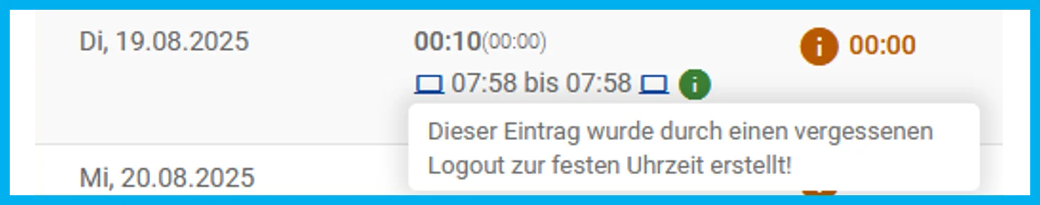 Zusehen ist ein Ausschnitt der Wochenauswertung mit farblich hervorgehobenem Dienstag und dem Hinweis auf einen vergessenen Logout.