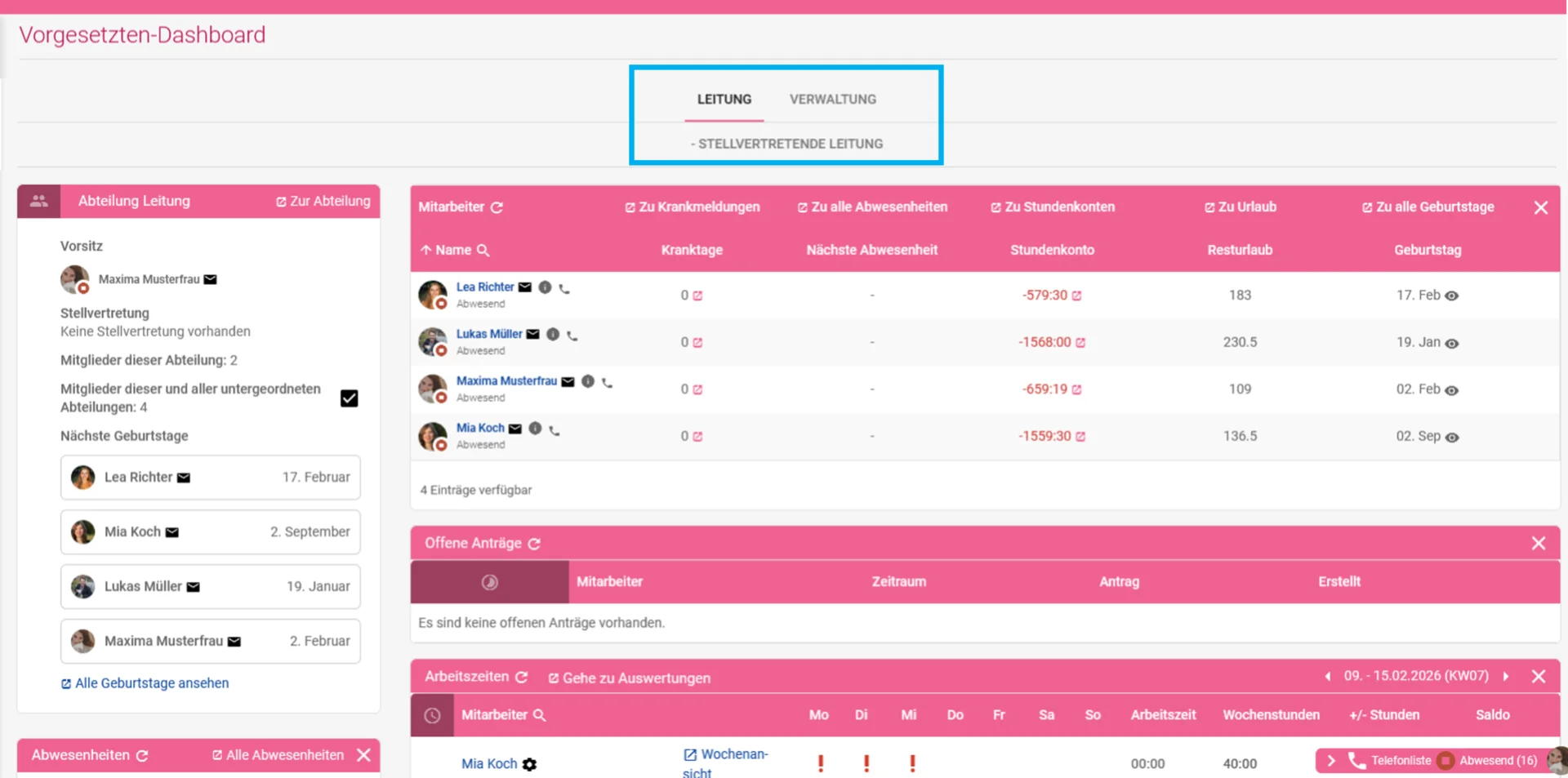 Zu sehen ist das Vorgesetzten-Dashboard. Farblich hervorgehoben sind die Filter zum Wechseln der Abteilungen. Außerdem sind die Widgets „Abteilung verwalten“, „Abwesenheiten“, „Mitarbeiter“, „Offene Anträge“ und „Arbeitszeiten“ sichtbar.