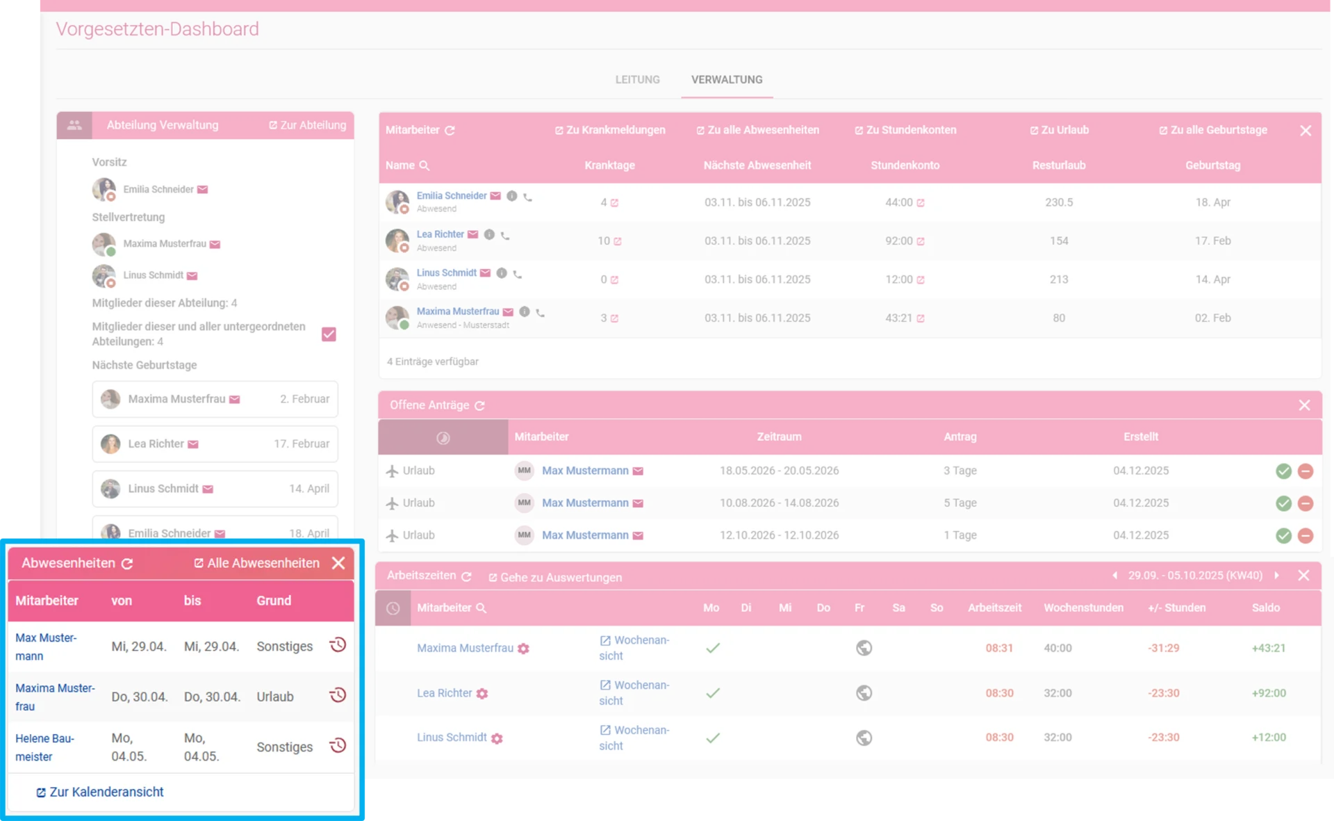 Zu sehen ist das Vorgesetzten-Dashboard, farblich hervorgehoben ist das Widget „Abwesenheiten“.