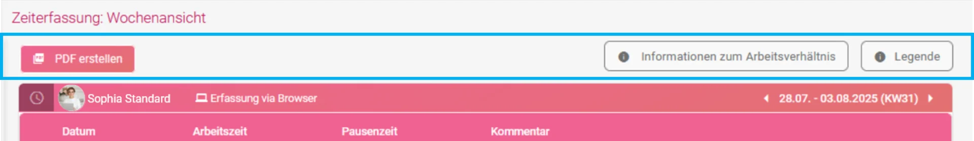 Oberer Bereich der Wochenauswertung mit farblich hervorgehobenen Buttons PDF erstellen, Informationen zum Arbeitsverhältnis und Legende.